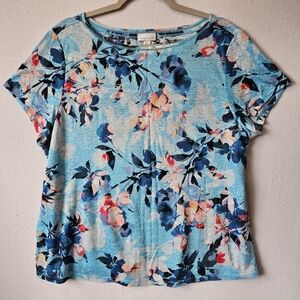 J Jill Love Linen Size L Blue Floral Beach Aloha Tropical Short Sleeve Top Shirt